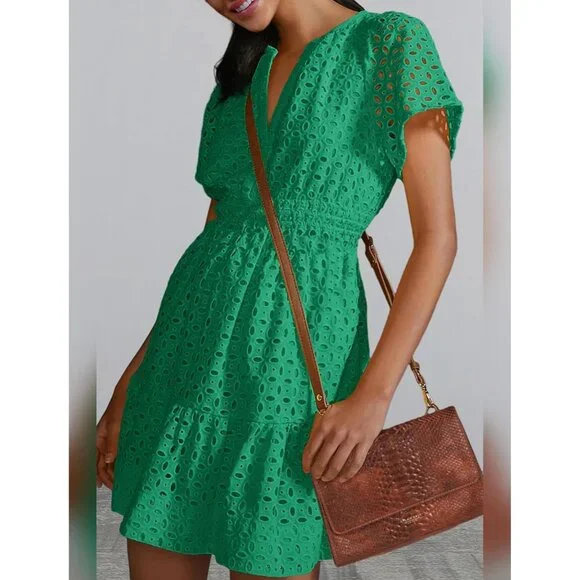 Women's Short Sleeve A Line Dress V Neck Casual Summer Flowy Fit & Flare - Picture 4 of 6